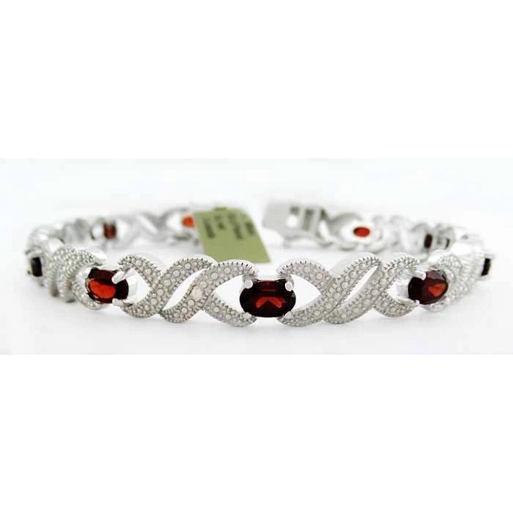 Genuine 7.40 Cts Garnet & Diamond Bracelet 14k White Gold Plated
